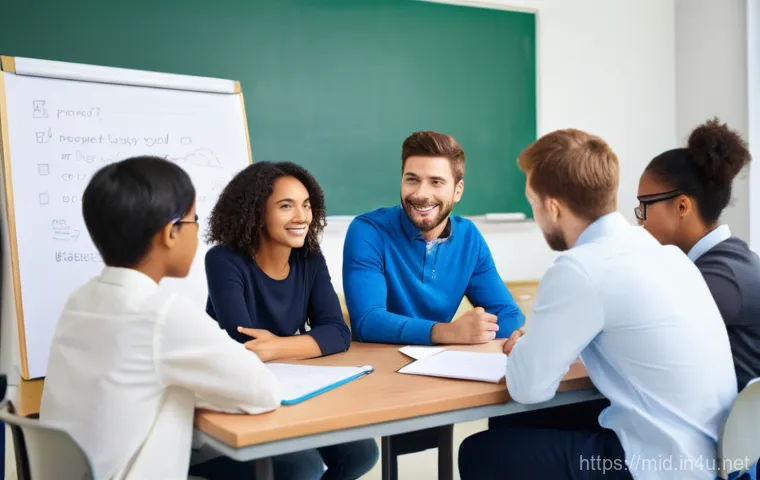 중학교 ADHD 학생 지도 - **Image Prompt 2: Middle Schoolers Learning Emotional Expression and Social Skills**
    "A small gr...