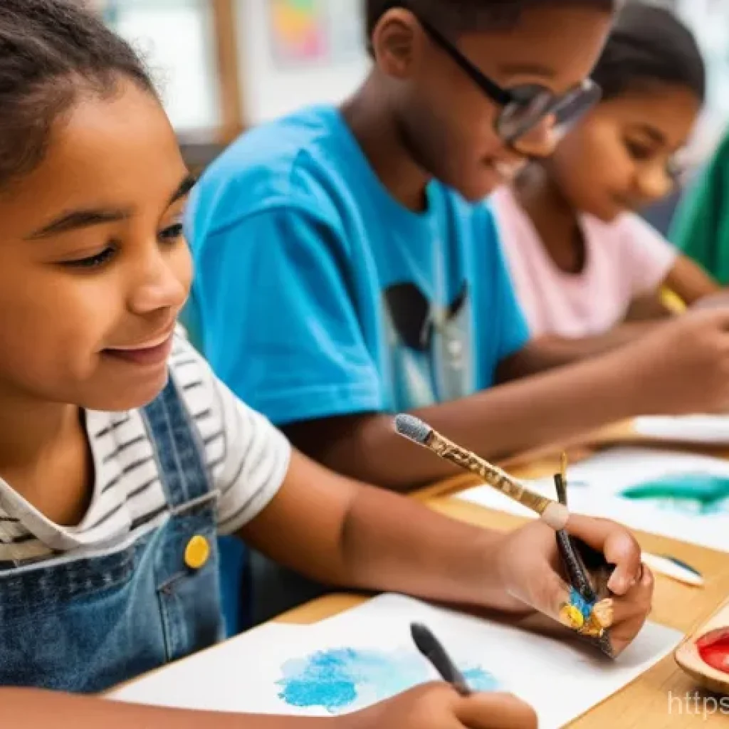 중학교 방과후 활동 - A vibrant, wide-angle shot of a diverse group of middle school students enthusiastically engaged in ...