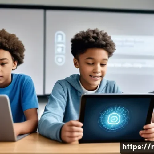 중학교 챗봇 활용 교육 - A modern middle school classroom scene with diverse students engaging individually with AI chatbots ...