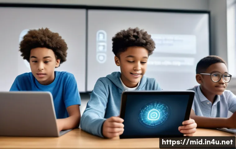 중학교 챗봇 활용 교육 - A modern middle school classroom scene with diverse students engaging individually with AI chatbots ...