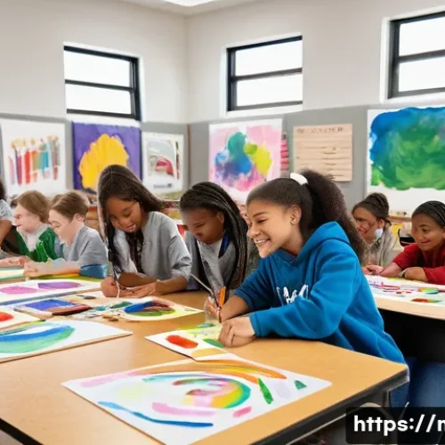 중학교 감성 교육 - A vibrant middle school classroom scene showing diverse students engaged in a collaborative art proj...