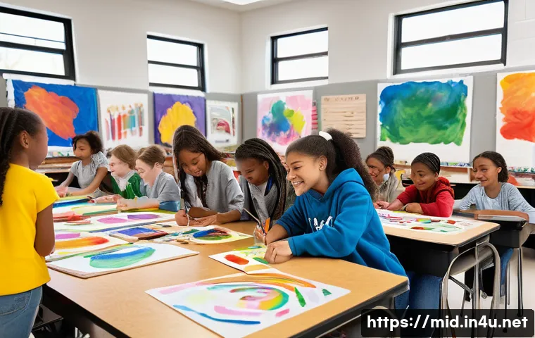 중학교 감성 교육 - A vibrant middle school classroom scene showing diverse students engaged in a collaborative art proj...
