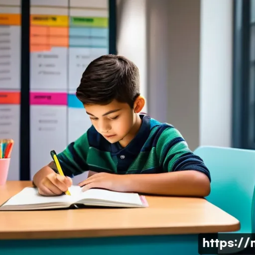 중학교 학습 동기 부여 방법 - A focused middle school student sitting at a neatly organized desk in a personalized study room, sur...