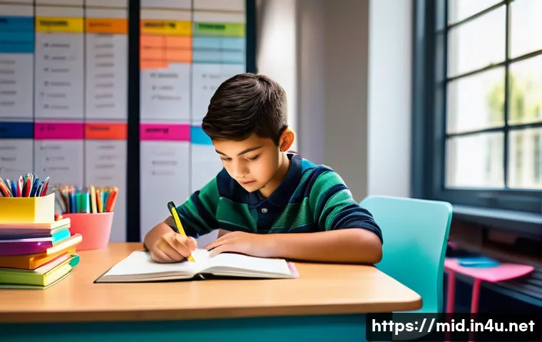 중학교 학습 동기 부여 방법 - A focused middle school student sitting at a neatly organized desk in a personalized study room, sur...