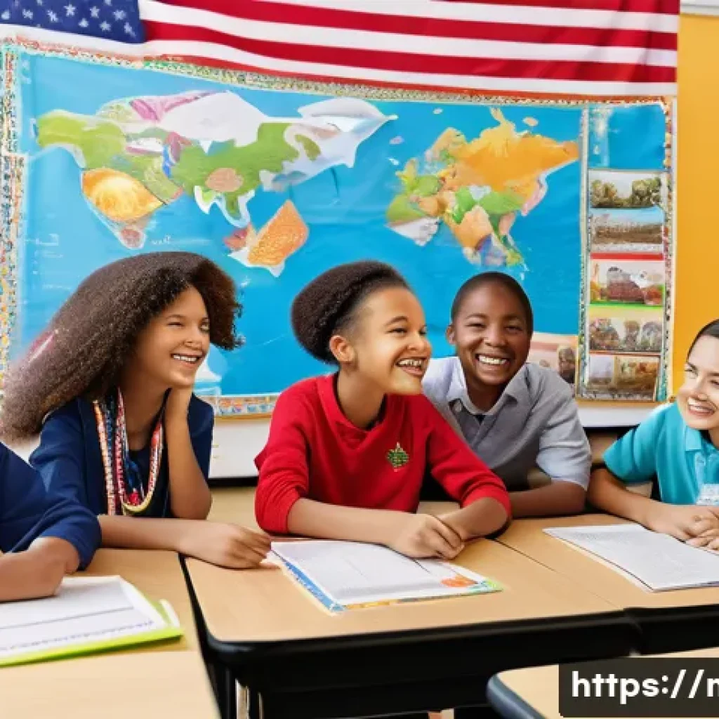 중학교 글로벌 리터러시 - A diverse group of middle school students in a bright, colorful classroom engaging in a multicultura...