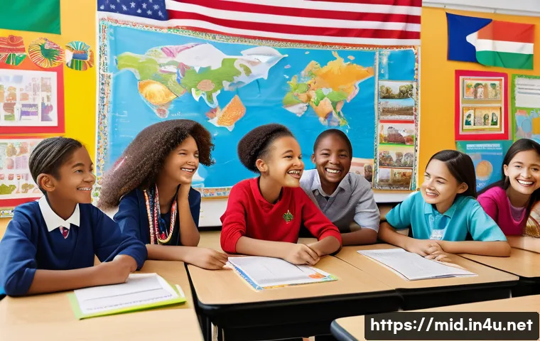 중학교 글로벌 리터러시 - A diverse group of middle school students in a bright, colorful classroom engaging in a multicultura...
