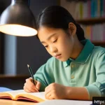 Home 21 중학교 과목별 공부법 - A focused middle school student sitting at a tidy desk filled with colorful textbooks and notebooks,...