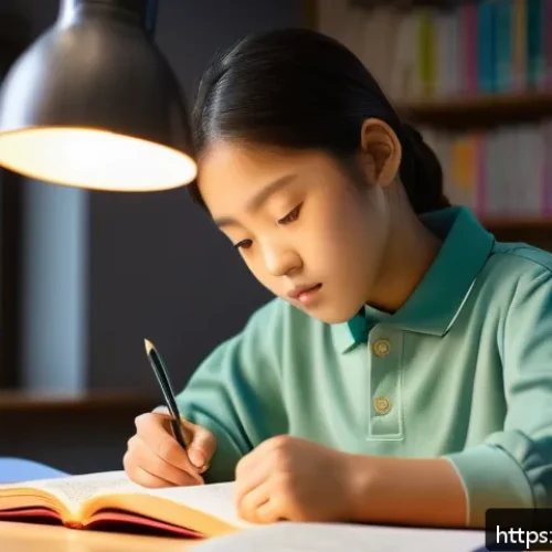 Home 33 중학교 과목별 공부법 - A focused middle school student sitting at a tidy desk filled with colorful textbooks and notebooks,...