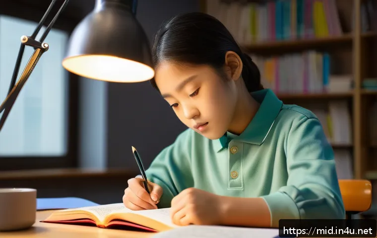 중학교 과목별 공부법 - A focused middle school student sitting at a tidy desk filled with colorful textbooks and notebooks,...
