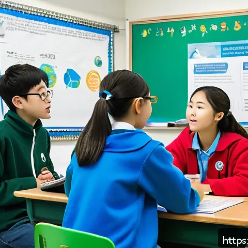 중학교 프로젝트 학습 - A vibrant classroom scene showing a diverse group of middle school students engaged in a collaborati...