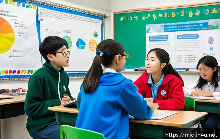 중학교 프로젝트 학습 - A vibrant classroom scene showing a diverse group of middle school students engaged in a collaborati...