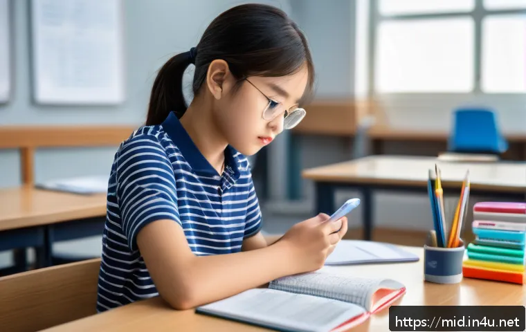 중학교 자기 평가 기법 - A focused middle school student sitting at a tidy desk in a quiet, well-lit study room, using the Po...