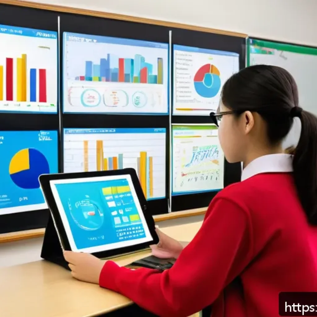 중학교 교육 데이터 활용 - A modern middle school classroom scene showing a teacher analyzing colorful graphs and charts on a d...