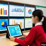Home 18 중학교 교육 데이터 활용 - A modern middle school classroom scene showing a teacher analyzing colorful graphs and charts on a d...