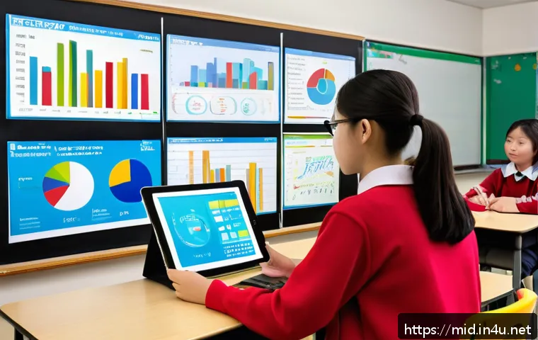 중학교 교육 데이터 활용 - A modern middle school classroom scene showing a teacher analyzing colorful graphs and charts on a d...