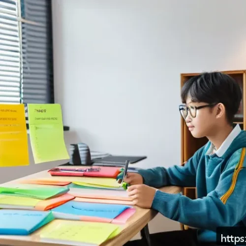 Home 17 중학교 자기 조절 학습법 - A focused middle school student studying at a tidy desk in a bright room during the afternoon, with ...