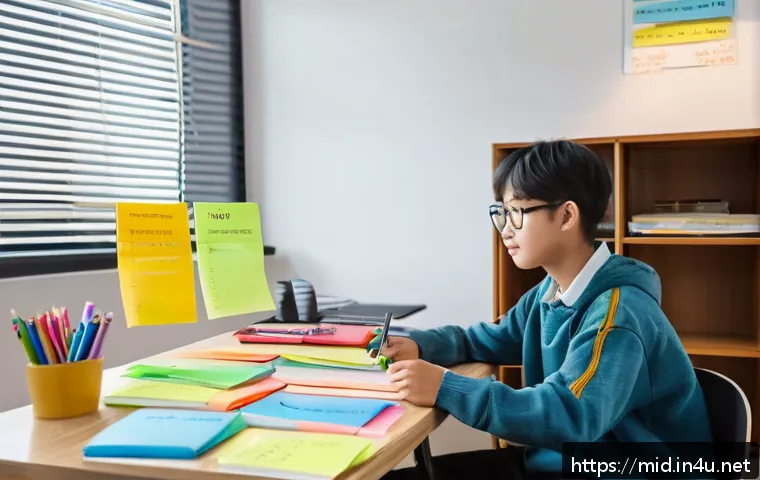 중학교 자기 조절 학습법 - A focused middle school student studying at a tidy desk in a bright room during the afternoon, with ...
